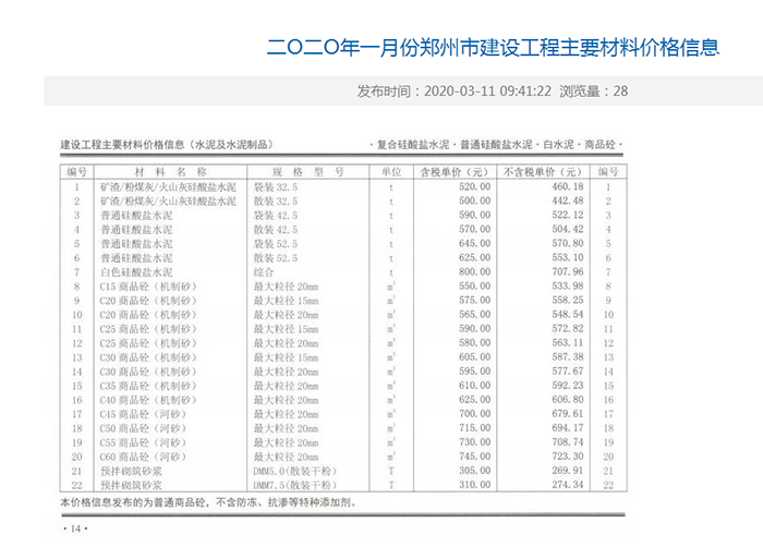 2020年1月份鄭州市商品混凝土基準信息價