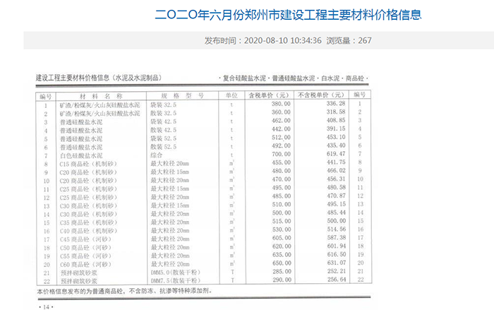 2020年06月份鄭州市商品混凝土基準信息價